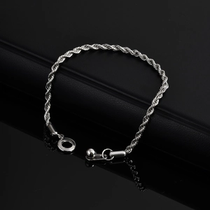 Men's silver stainless steel rope chain bracelet with round spring clasp on black surface