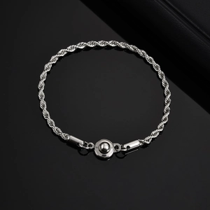 Men's silver stainless steel rope chain bracelet with a circular snap clasp closure