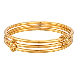 Three interconnected gold stainless steel bangles with high polish finish for women