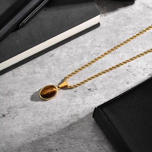 Macro-opname van gouden roestvrijstalen ketting met ovale tijgeroog steen hanger