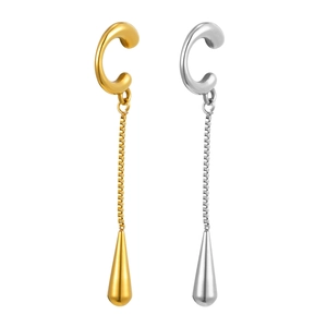 Minimalist stainless steel ear cuffs with long chain and waterdrop pendant in gold and silver