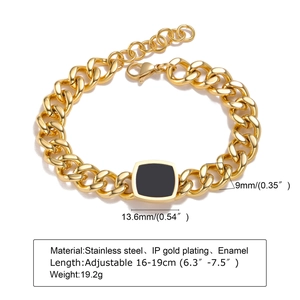 Gold-plated stainless steel Cuban link bracelet with black enamel square pendant