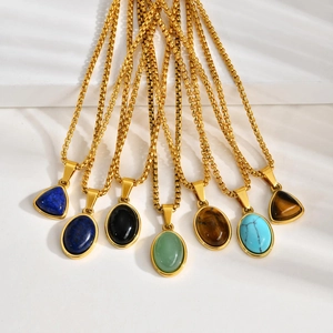 Vintage Roestvrij Staal Geometrische Natuursteen Hanger Ketting Mode Lapislazuli Tijgeroog Zwarte Onyx Kettingen Vrouwen Mannen Sieraden