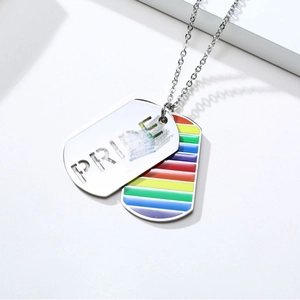 Stainless Steel Pride Rainbow Dog Tag Pendant Necklace For Men Women Rainbow Stripes Pride Letter Hollow Out Edgy Jewelry Gift