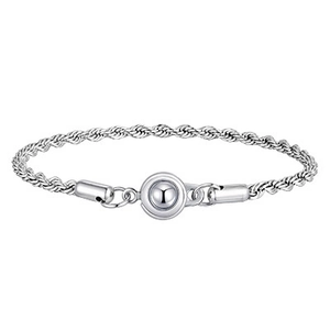 Men's silver rope chain bracelet with round center bead and sleek snap closure design