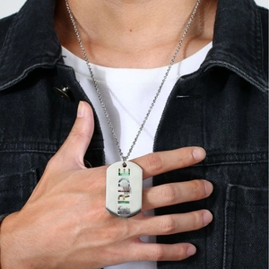 Men's stainless steel military tag necklace with colorful PRIDE engraving on silver pendant