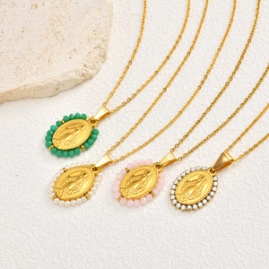Golden stainless steel oval Virgin Mary pendant necklaces with colorful zircon beads