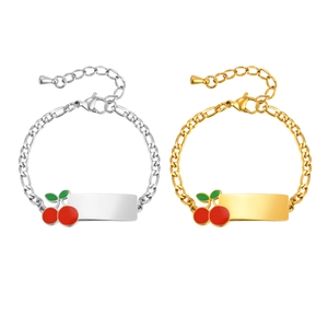 Custom engraved stainless steel kids bracelets with cherry charms in gold and silver