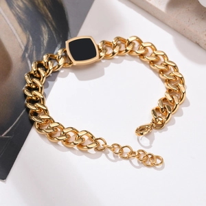 Golden chunky chain bracelet with black square pendant and adjustable lobster clasp
