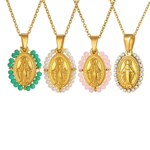 Gold stainless steel Virgin Mary necklaces with colorful zircon and pearl bead borders