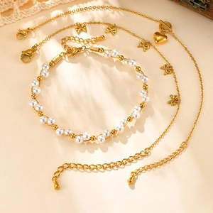 Parure élégante en acier inoxydable 18K avec collier à cœur et bracelet de perles blanches