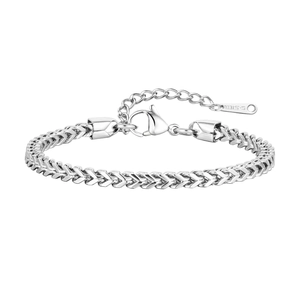 Silver stainless steel wheat chain bracelet for women with lobster clasp on white background