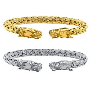 Bracciale Rigido Aperto con Testa di Drago Intrecciata in Acciaio Inossidabile da Uomo Retro Hip Hop Bracciale Regolabile Gioielli