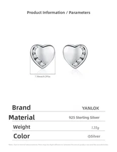 Close-up of S925 sterling silver heart studs with side pavé stones and 7.5mm size marking