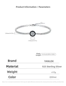 Macro view of S925 sterling silver tennis bracelet with black enamel geometric pendant