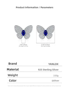 Detail view of S925 silver butterfly earrings with dimensions 12x16.5mm and blue stones