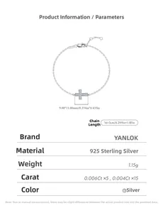 Macro detail of S925 sterling silver cross bracelet with sizing and material specs