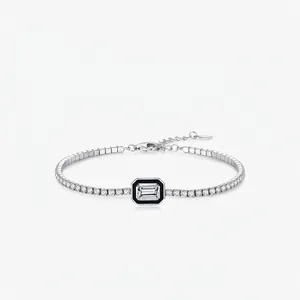 Elegant 925 Sterling Silver Black Enamel Rectangular Zirconia Tennis Bracelet For Women Vintage Design Hand Jewelry