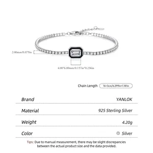 S925 sterling silver tennis bracelet featuring black enamel and rectangular zircon center