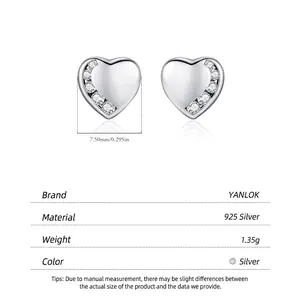 Polished S925 sterling silver heart stud earrings with cubic zirconia stones, 7.5mm wide