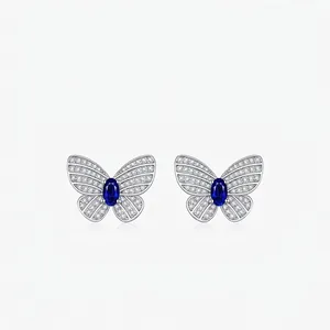 Elegant 925 Sterling Silver Butterfly Stud Earrings Royal Blue Zirconia Inlaid Vintage Ins Style Pave Rhinestone Jewelry For Women