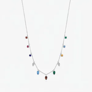 925 Sterling Silver Colorful Zirconia Necklace For Women Sweet Forest Style Geometric Drop Round Pendant Choker Jewelry