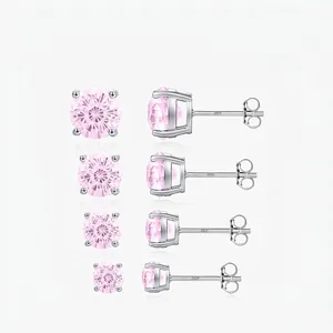 925 Sterling Silver Pink Zirconia Stud Earrings For Women Elegant Round Fireworks Cut Gentle Sparkly Jewelry Minimalist Earrings