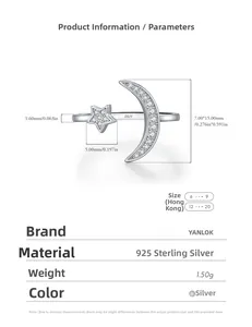 Size chart for S925 sterling silver moon and star ring with detailed dimensions