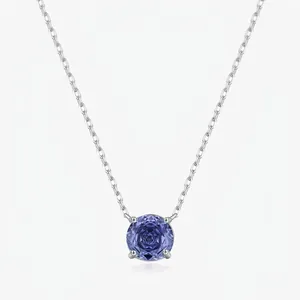 925 Sterling Silver Tanzanite Color Rose Cut Zirconia Pendant Necklace For Women Korean Ins Style Round Geometric Chain Jewelry