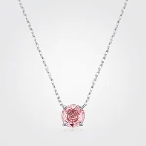 Collier Pendentif en Argent Sterling 925 Zircone Rose Taille Rose pour Femme Elégant Collier de Clavicule en Pierre Ronde Bijoux Cadeau