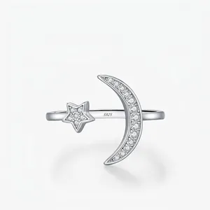 S925 Sterling Silver Star Moon Open Ring For Women Adjustable Cubic Zirconia Inlaid Luxury Fashion Jewelry Gift