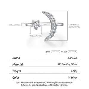 S925 sterling silver star and moon open ring with shimmering diamonds and size markings