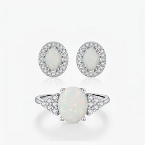 Parure de Bijoux en Argent Sterling 925 Avec Opale Artificielle Ovale pour Femme Élégante Bague et Boucles d'Oreilles Incrustées de Zirconia Bijoux Chic