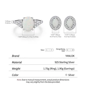 Ensemble bague et boucles d'oreilles en argent S925 avec opales ovales et guide de taille
