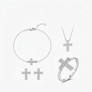925 Sterling Silver Moissanite Cross Jewelry Set For Women D Color VVS1 Moissanite Necklace Earrings Ring Bracelet Religious Jewelry Gift