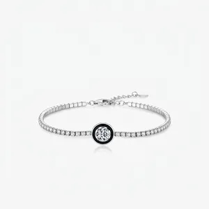 S925 Sterling Silver Tennis Bracelet For Women Black Enamel Round Charm Paved Zirconia Elegant Chic Bracelet Jewelry