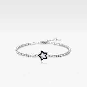 Bracelet Tennis en Argent Sterling S925 Émail Noir Étoile Zirconia pour Femmes Doux Cool Réglable Bijoux de Mode Cadeau