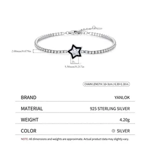 Bracelet étoile en argent sterling S925 avec émail noir, zircon et chaîne de réglage