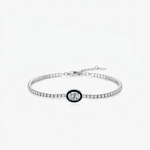 S925 Sterling Silver Tennis Bracelet For Women Black Enamel Oval Zirconia Pave Wrist Link Bracelet Fine Jewelry Gift