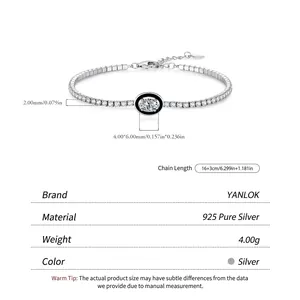 Elegant 925 sterling silver tennis bracelet with black enamel and zircons, 16+3cm length
