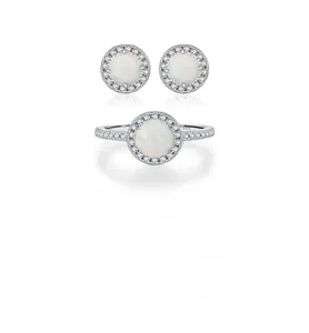 Detailed view of S925 silver jewelry set featuring round white opal rings and earrings