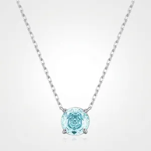 Collier Pendentif en Zirconia Bleu Clair Taille Rose en Argent Sterling 925 pour Femmes Bijoux Chaîne de Clavicule Géométrique