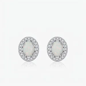 925 Sterling Silver Synthetic Opal Stud Earrings Vintage Oval Halo Rhinestone Inlaid Small Chic Earrings For Women Jewelry Gift