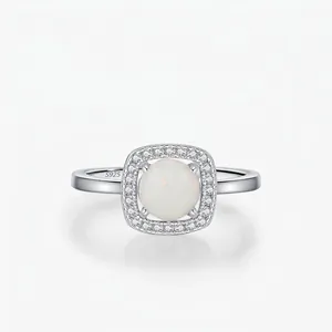 Bague en Argent Sterling 925 avec Opale Artificielle pour Femme Élégante Vintage Halo Strass Bague Bijoux Haut de Gamme Cadeau
