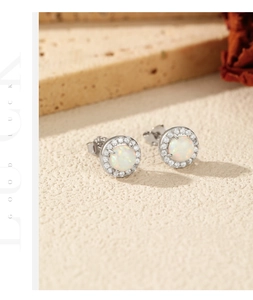 Elegant S925 silver stud earrings with white opal center and sparkling zirconia halo