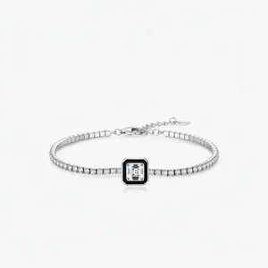 Bracelet Rivière en Argent Sterling 925 avec Zirconia pour Femme Bordure Noire Carrée Chaîne Réglable Bijou Élégant Cadeau