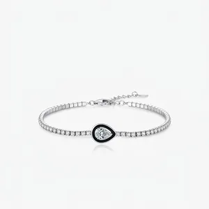 Bracelet Tennis en Argent Sterling 925 pour Femme Émail Noir Goutte d'Eau Incrusté de Strass Chaîne Réglable Bijoux de Mode Luxe