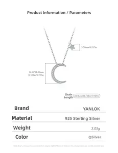 Detail view of S925 sterling silver moon and star pendant necklace with dimensions 14x18mm