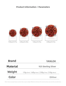 Size chart for S925 sterling silver stud earrings featuring garnet red firework cut stones