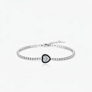 925 Sterling Silver Heart Tennis Bracelet For Women Black Enamel Rhinestone Heart Charm Adjustable Chain Fashion Jewelry Gift